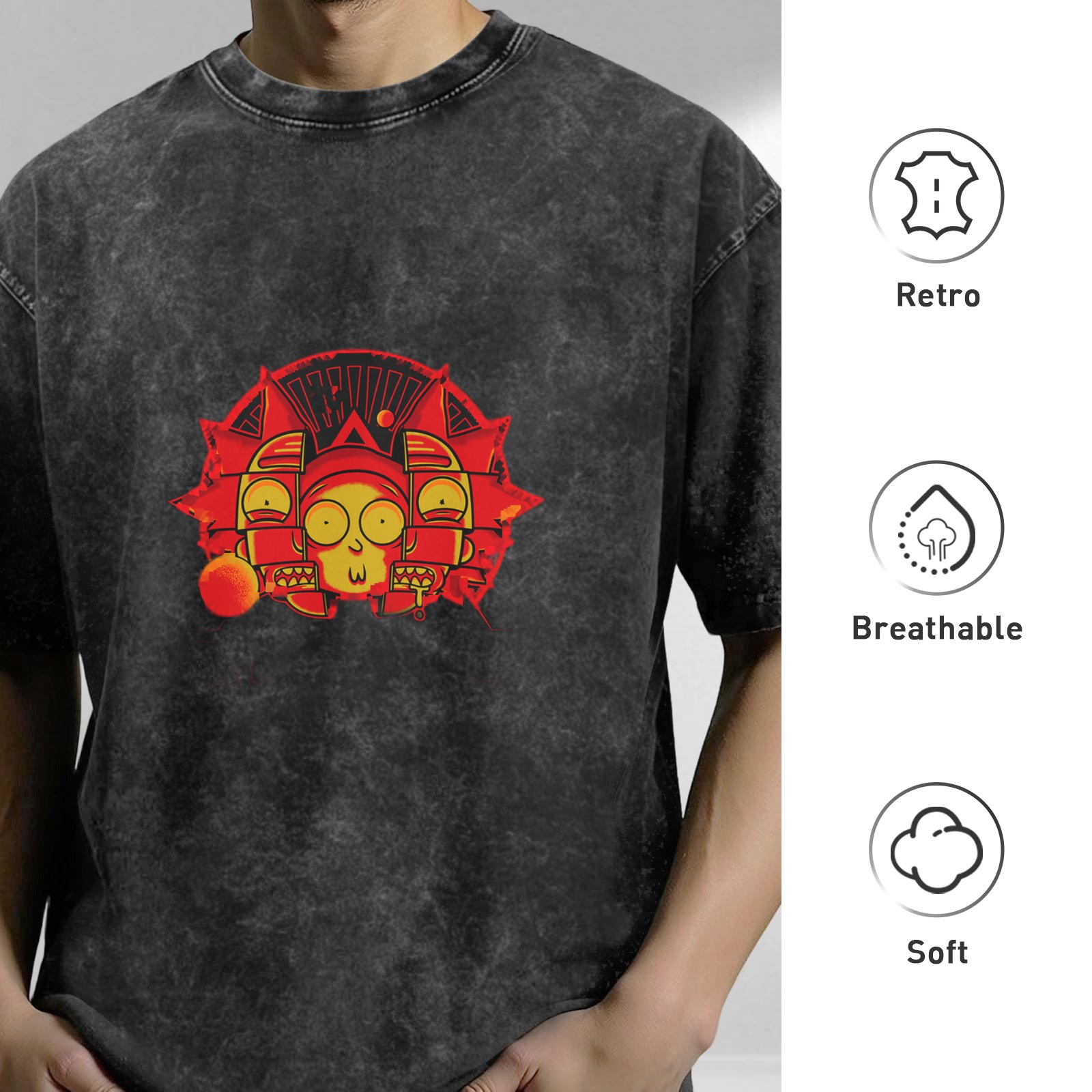 Washed Black T-Shirt With Red And Yellow Cartoon Graphic Print