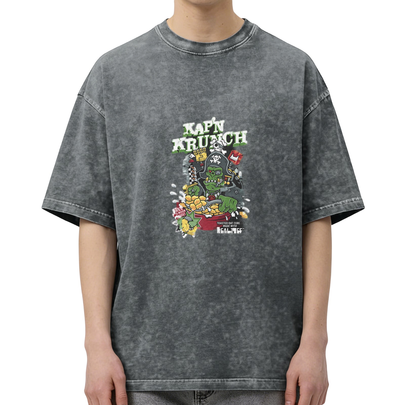 Men's Oversized Acid Wash Graphic T-Shirt - Kap'n Krunch Zombie Pirate Cereal Print - Black
