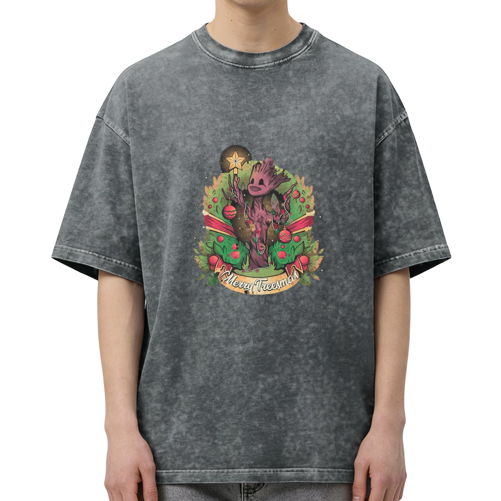 Oversized dark washed t-shirt with Groot Merry Treesmas Christmas print