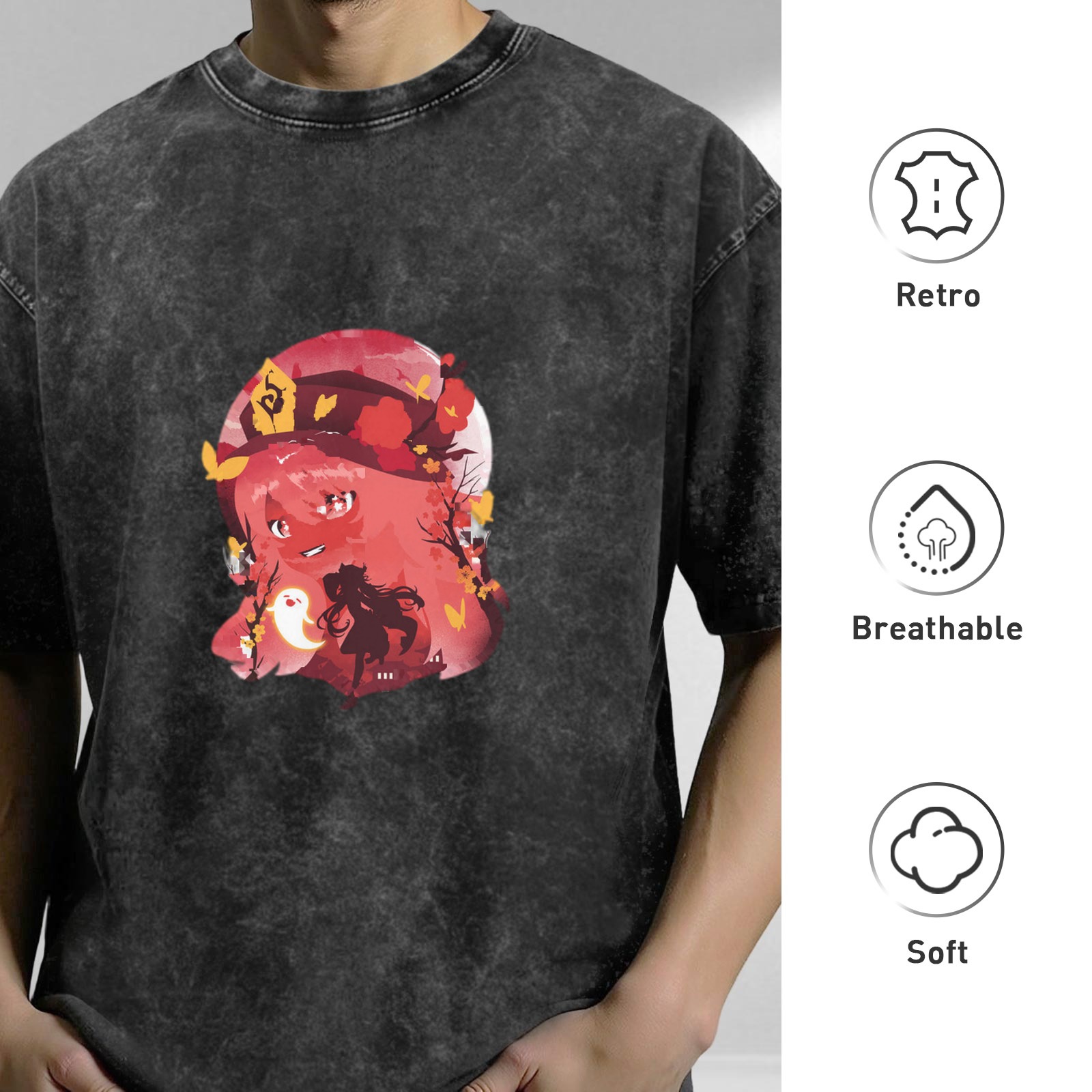 Anime Character Graphic Washed Black Oversized T-Shirt