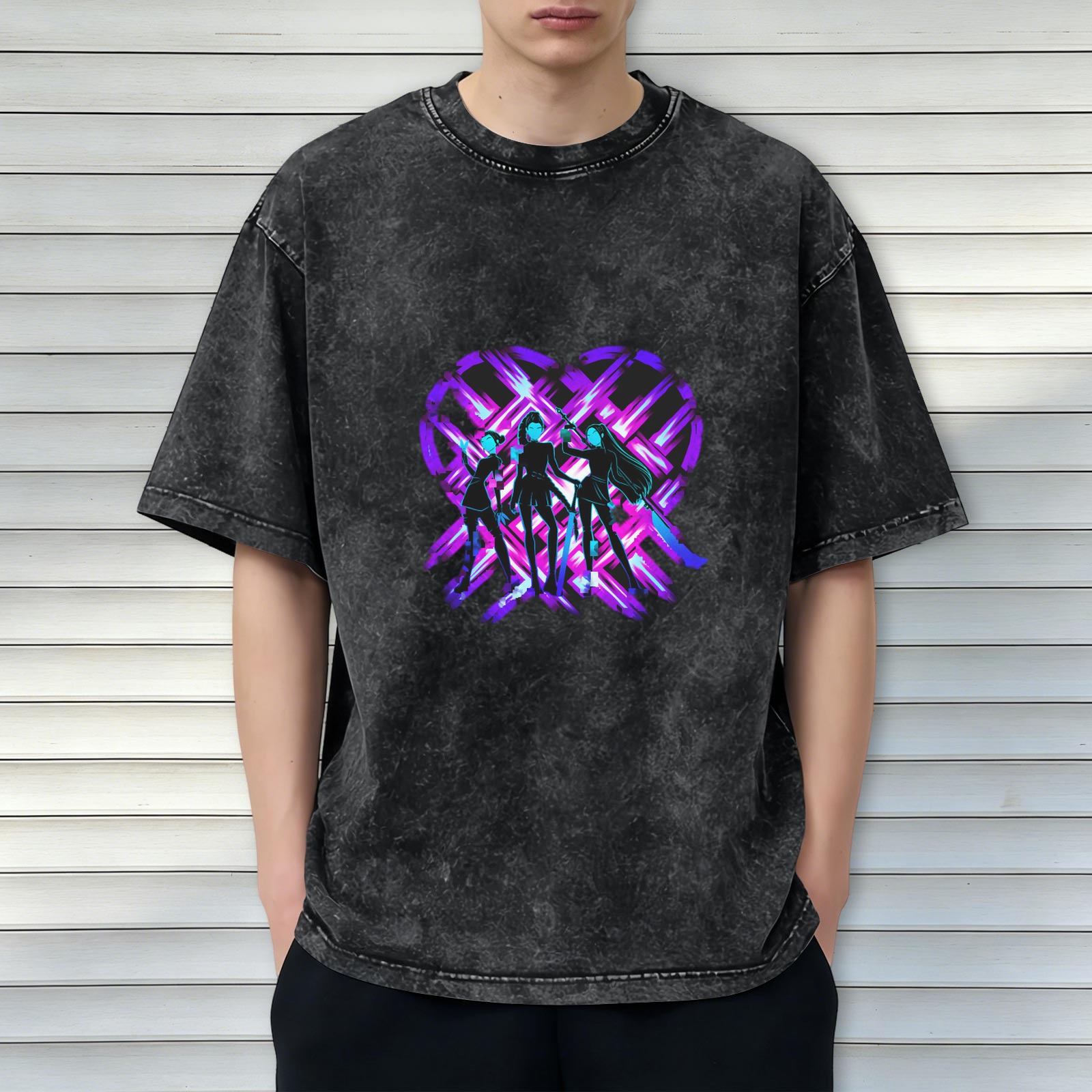 Washed Black T-Shirt with Neon Purple Heart and Three Stylized Figures Graphic