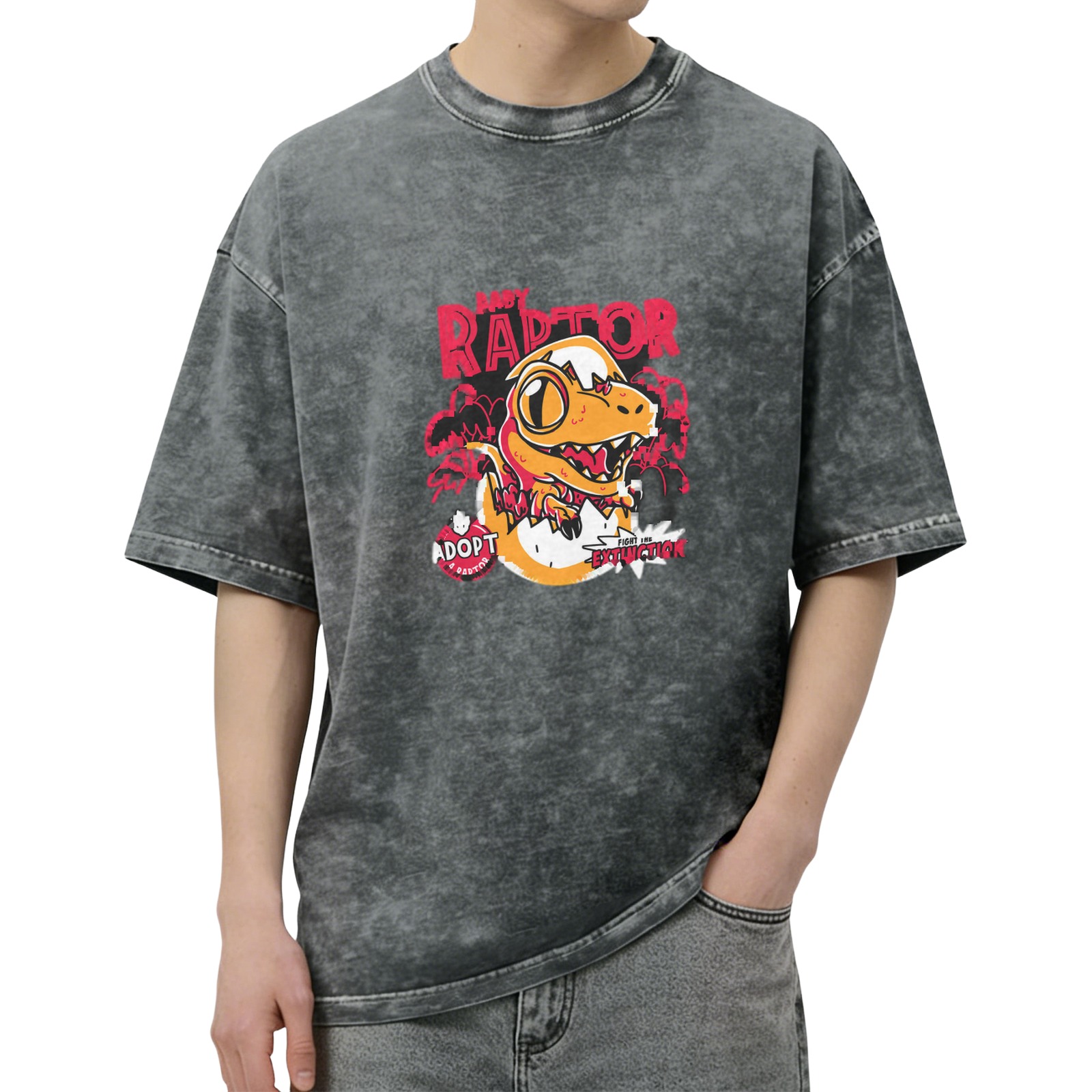 Baby Raptor Graphic Print Oversized Stone Wash T-Shirt