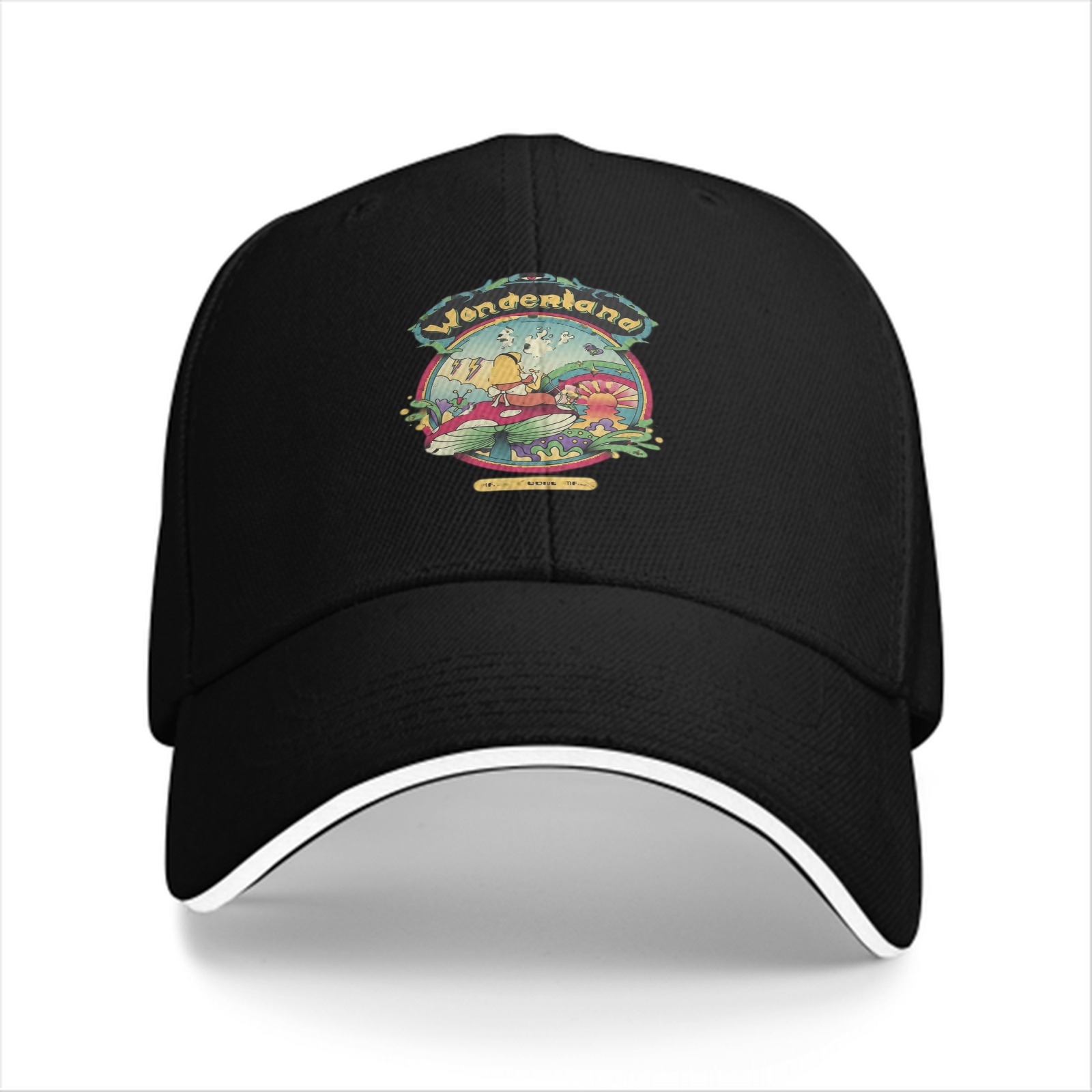 Black Baseball Cap With Wonderland Mushroom Fantasy Art Print