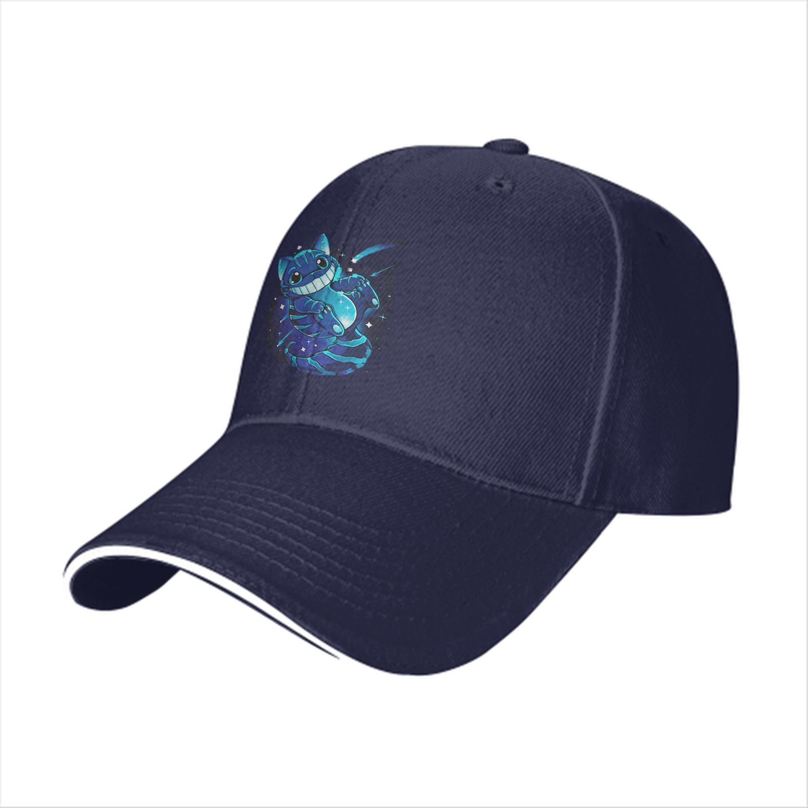 Black baseball cap with glowing Cheshire cat space graphic