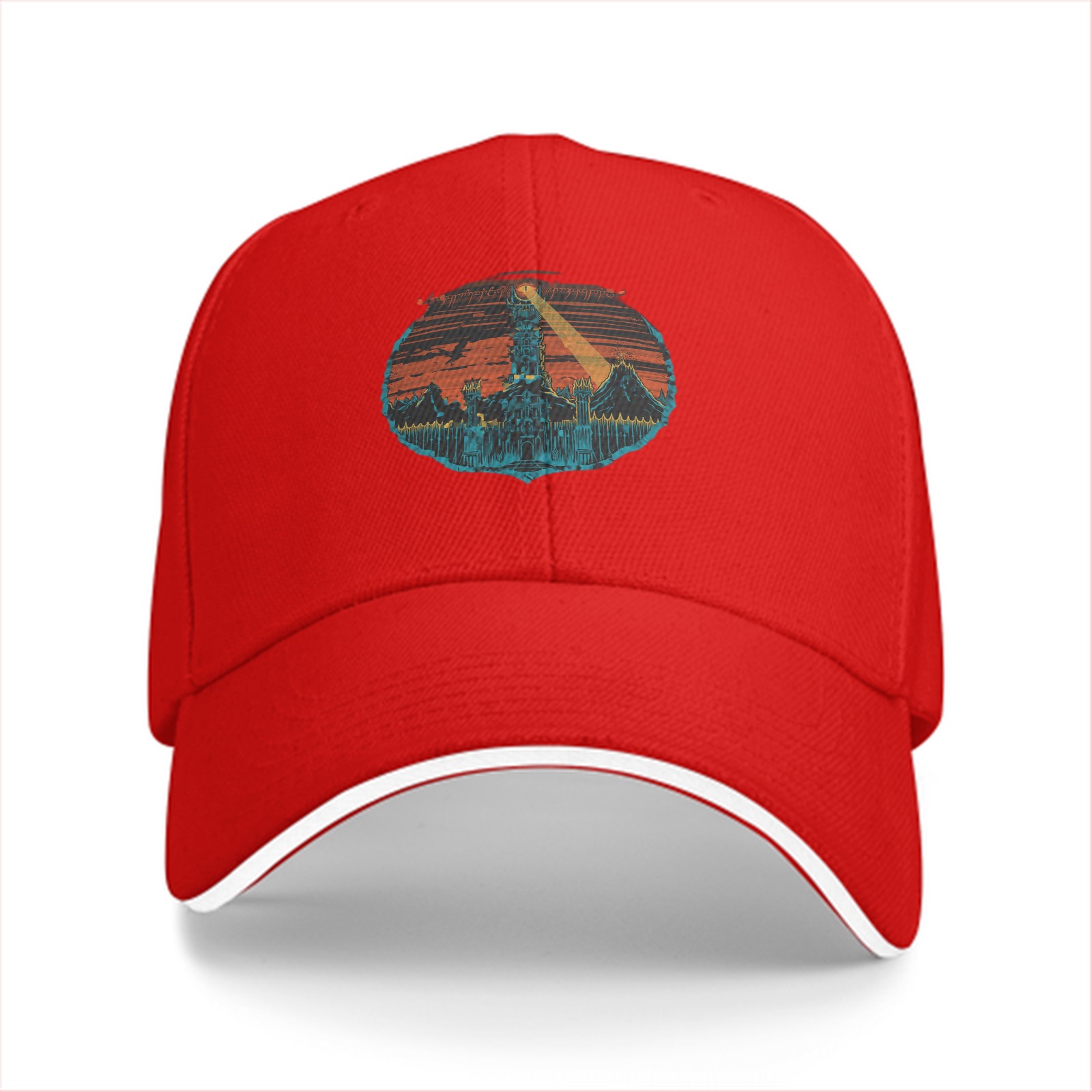 Black Baseball Cap with Fantasy Tower Landscape Graphic