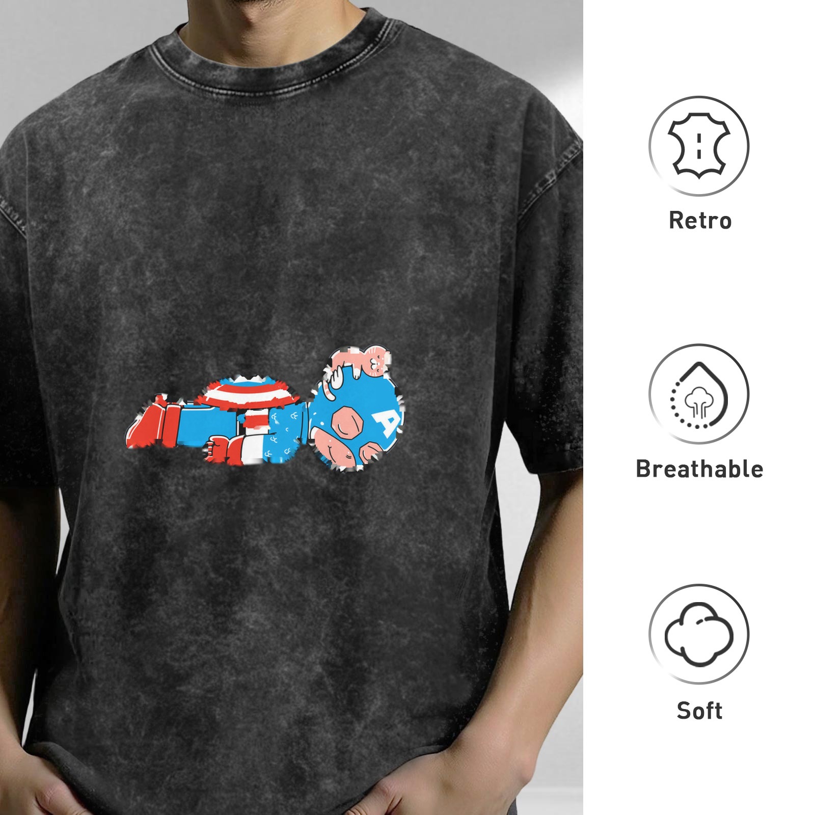 Oversized Acid Wash T-Shirt With Distressed Captain America Art