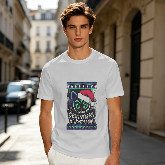 Christmas In Wonderland Cheshire Cat Santa Hat Graphic T-Shirt