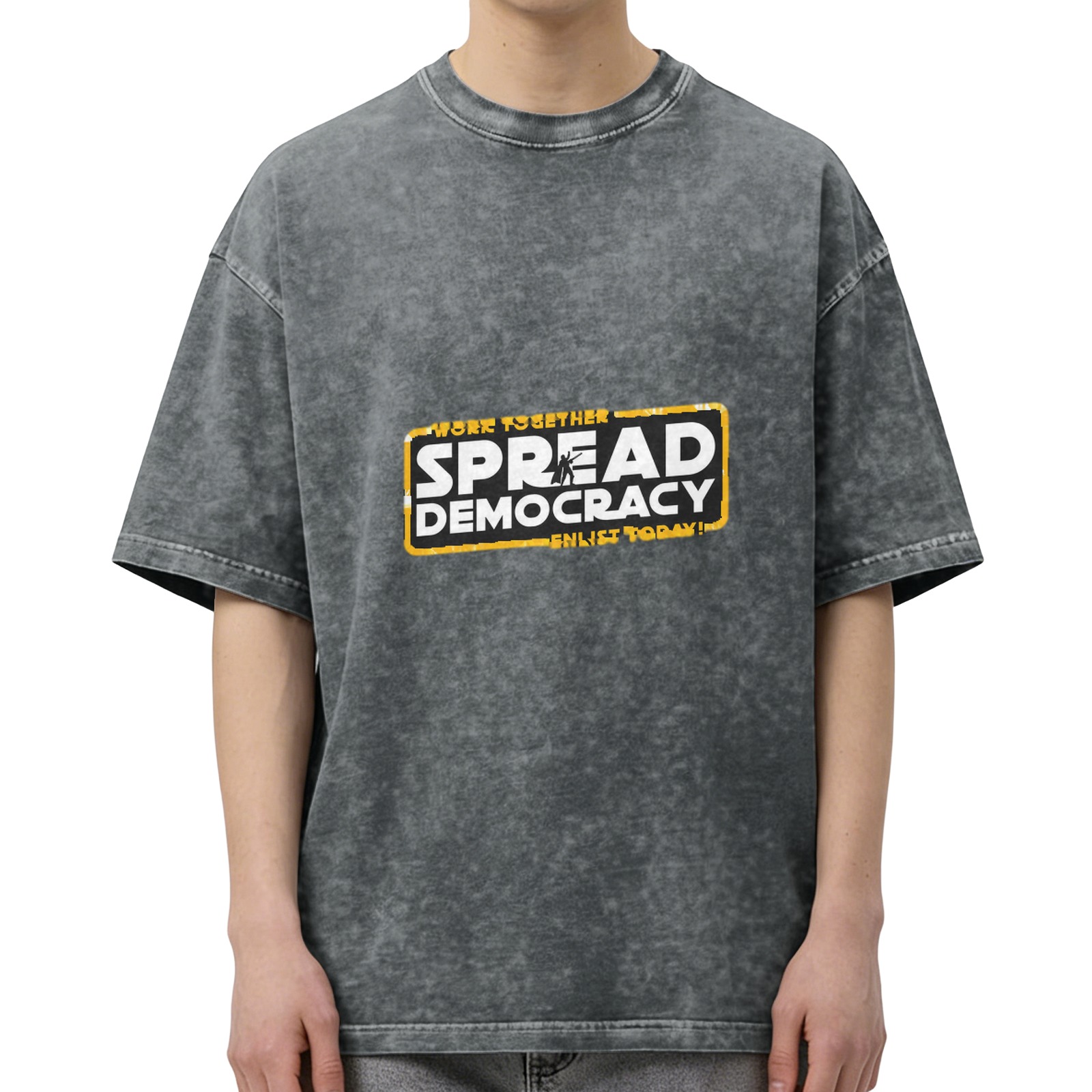 Oversized Acid Wash Graphic T-Shirt with 'Spread Democracy' Star Wars Parody Print