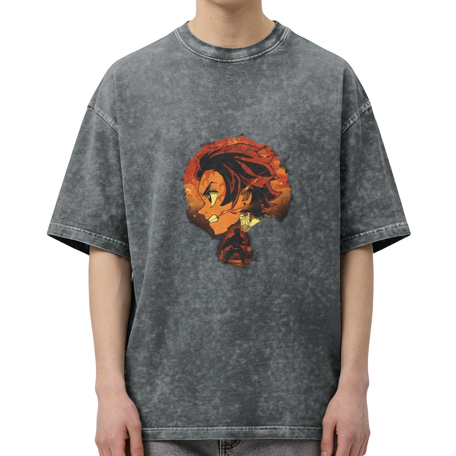 Oversized Washed Anime Demon Slayer T-Shirt with Fire Character Print