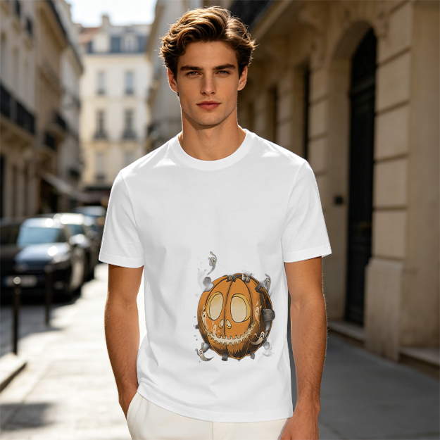 Olive Green T-Shirt With Spooky Halloween Pumpkin Ghost Print