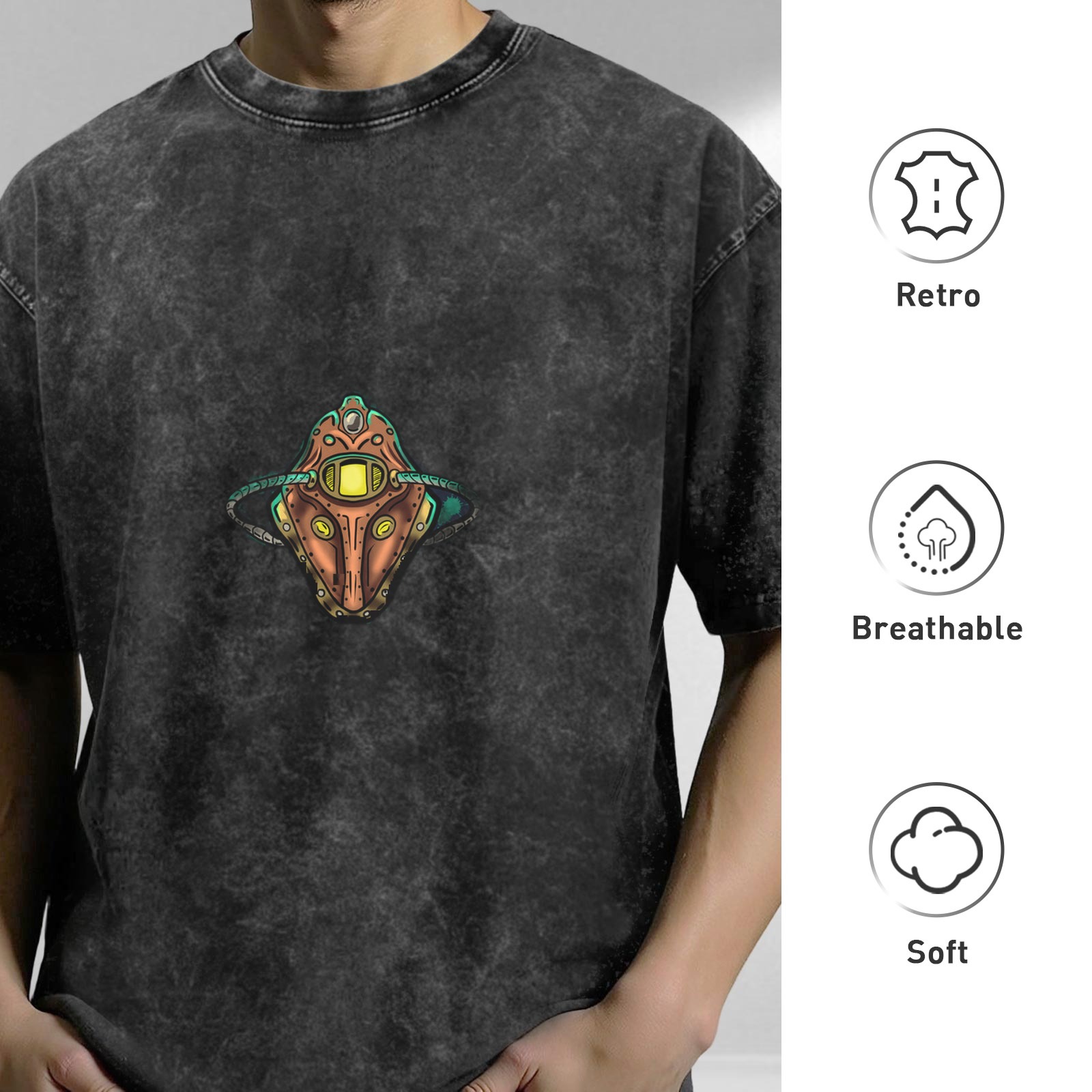 Oversized Acid Wash T-Shirt With Steampunk Robot Head Graphic