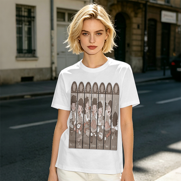 Olive green t-shirt with cartoon medieval feast scene print