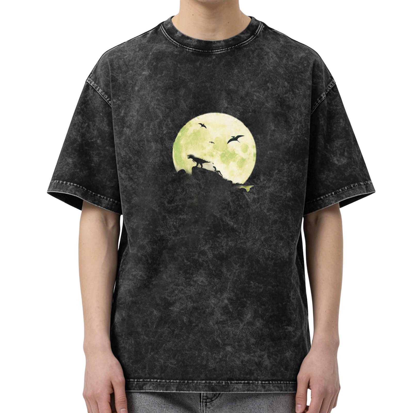 Vintage Acid Wash T-Shirt with Dinosaur Moon Silhouette Graphic