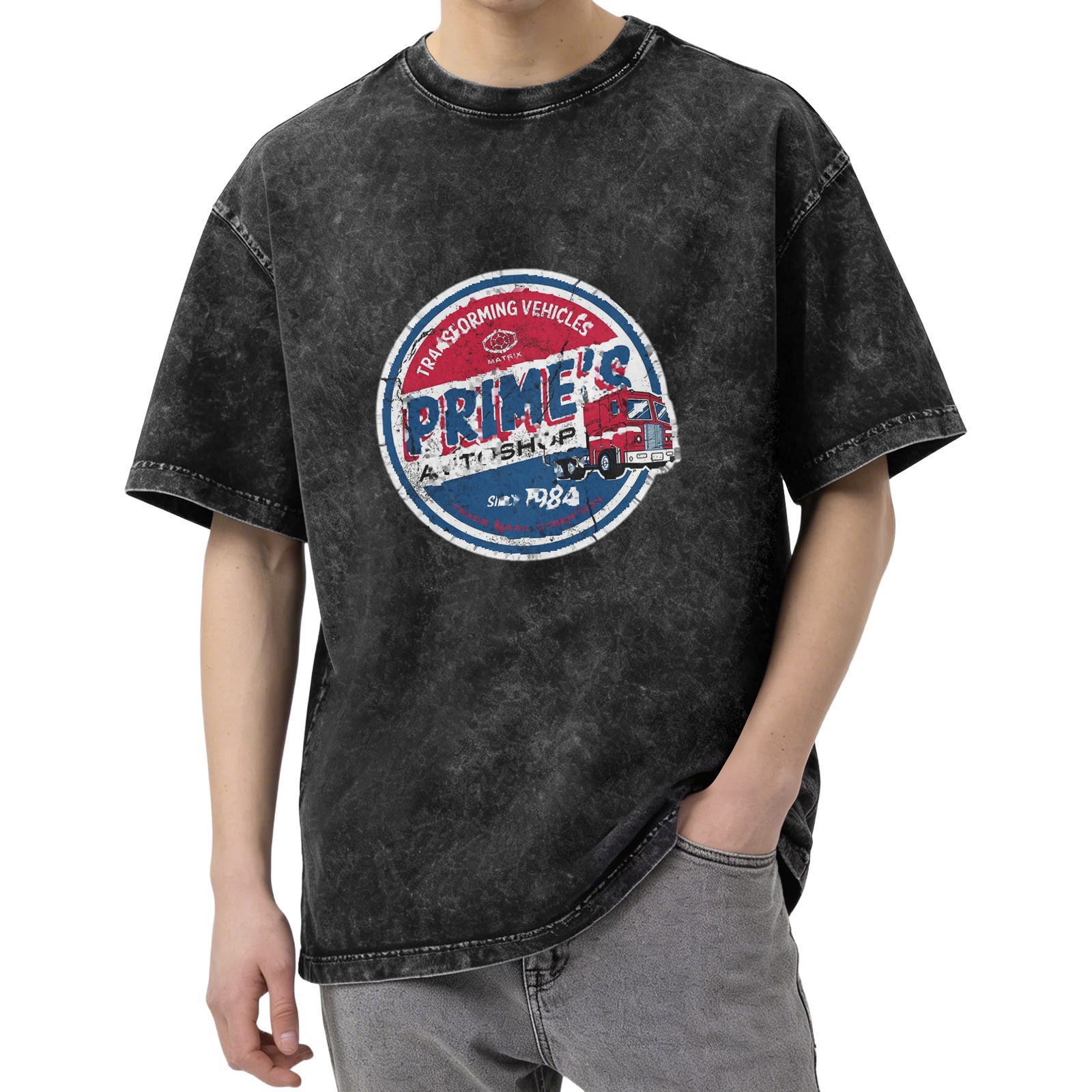 Oversized Vintage Wash T-Shirt with 'Prime's Auto Shop Transforming Vehicles' Graphic Print