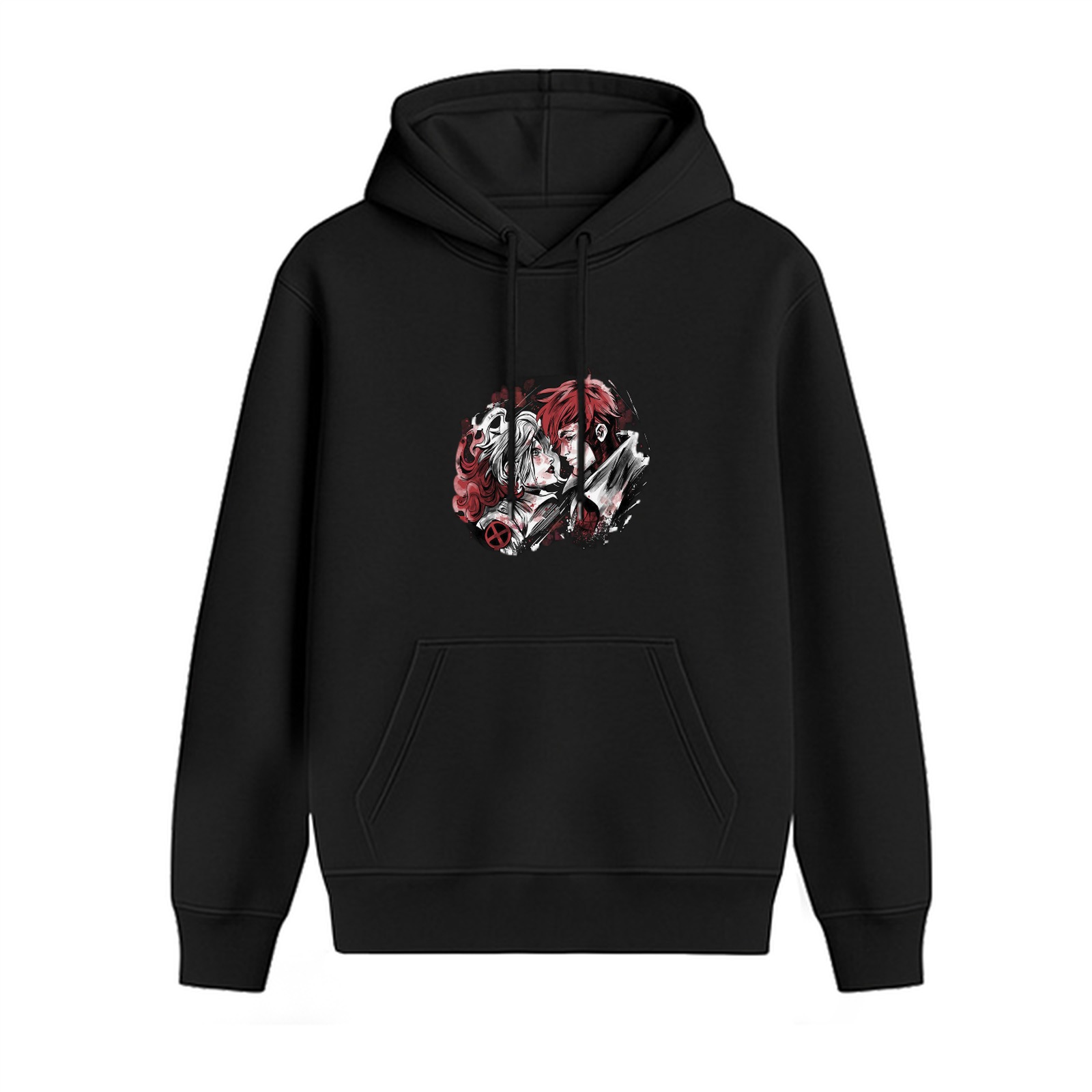 Black hoodie with anime-style two character graphic print
