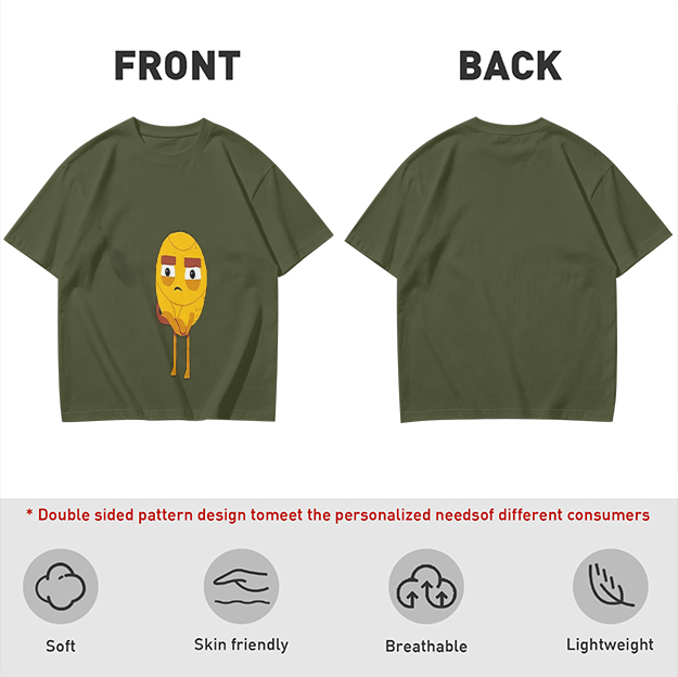 Olive T-Shirt With Sad Yellow Cartoon Character Print