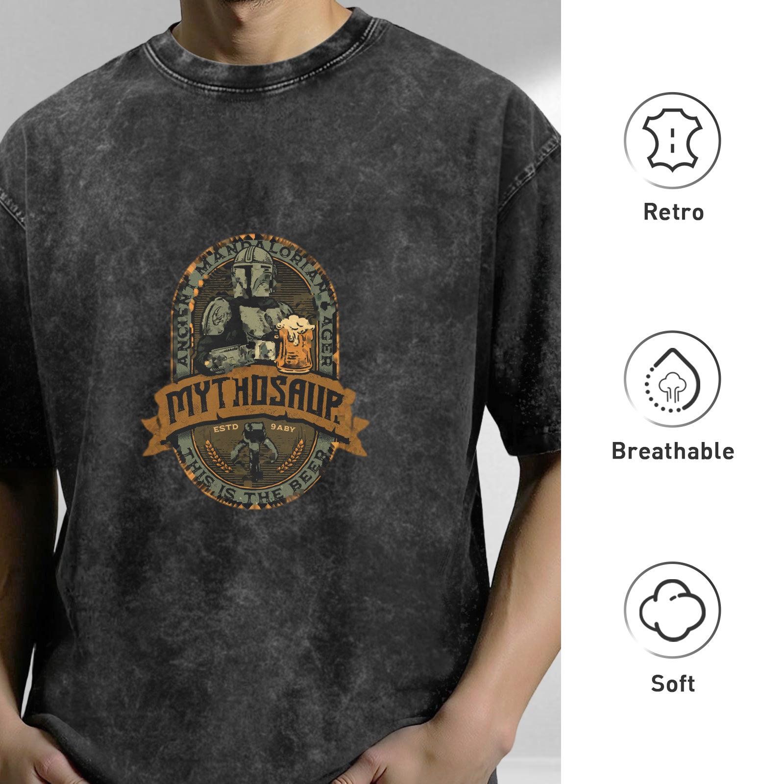 Distressed washed black Mandalorian themed printed short-sleeved T-shirt