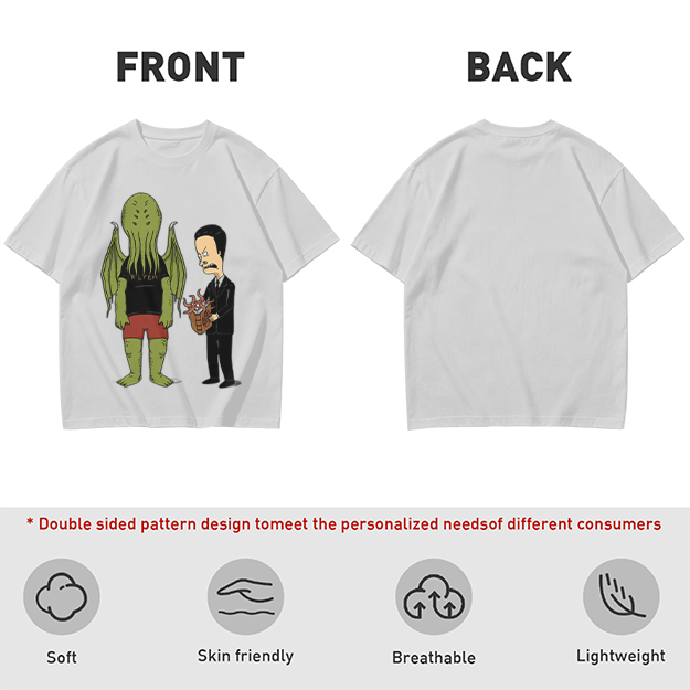 Olive T-Shirt Featuring Cthulhu and Beavis in Suits Graphic