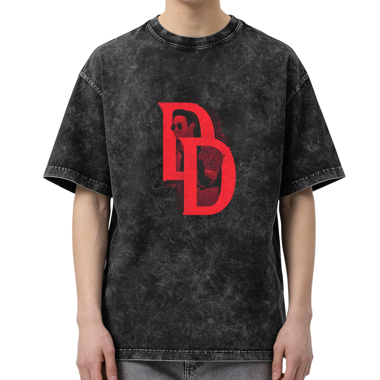 Washed Black T-Shirt with Daredevil DD Logo Graphic