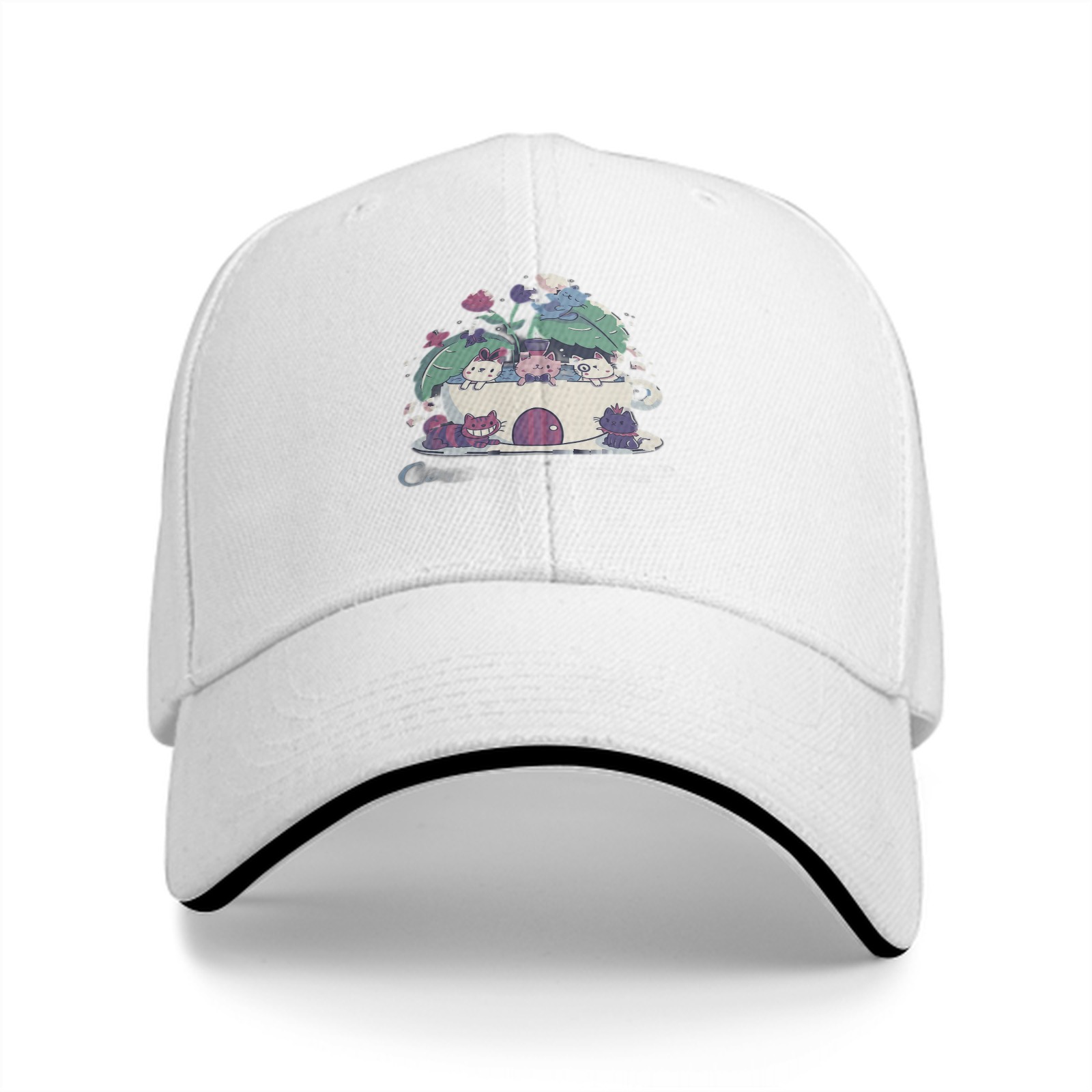 Black Baseball Cap With Cute Teacup Kittens Graphic