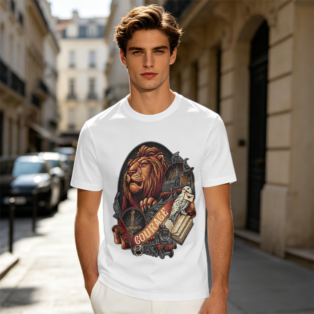 Olive T-Shirt With Lion Courage Themed Fantasy Art Print