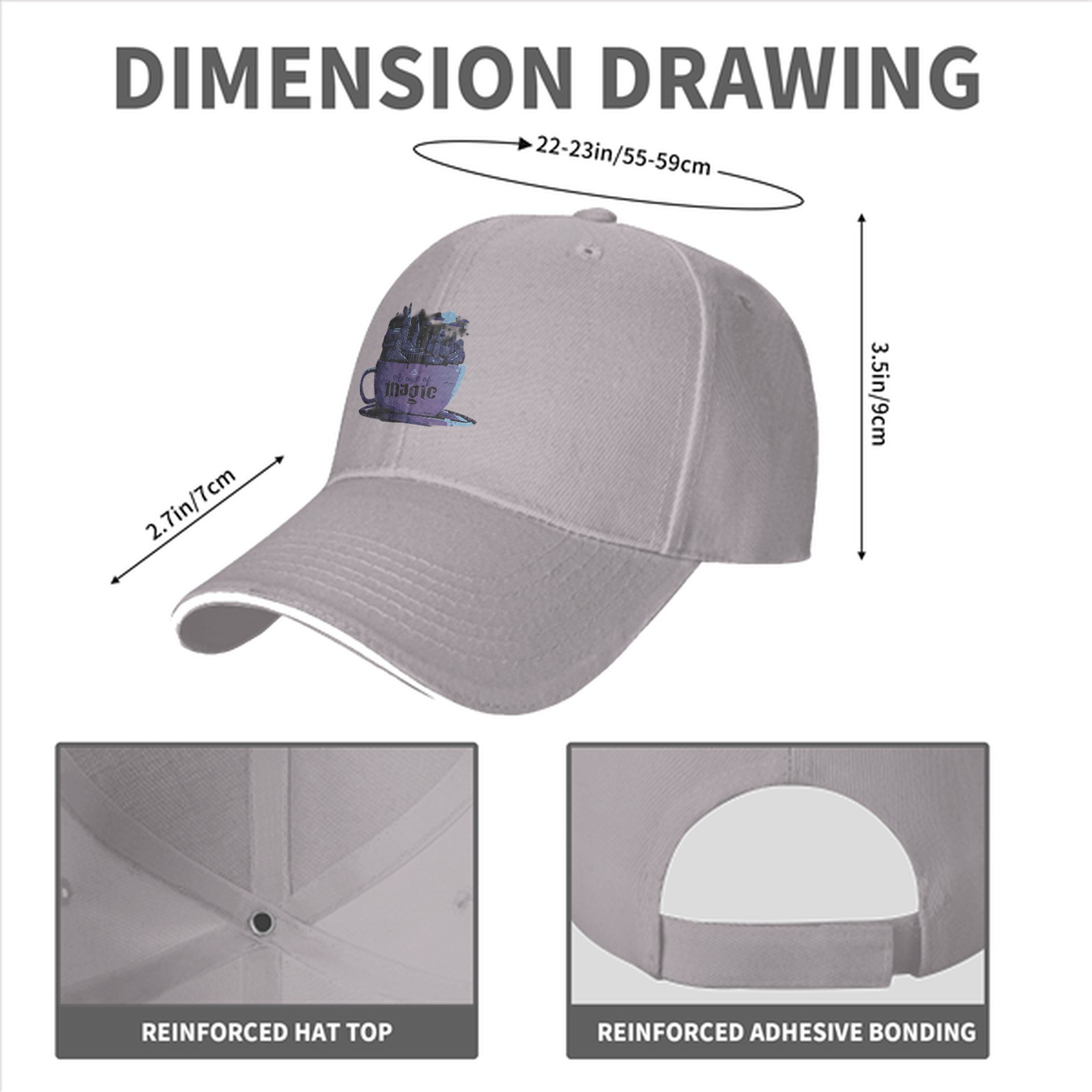 Black baseball cap with purple teacup magic graphic print