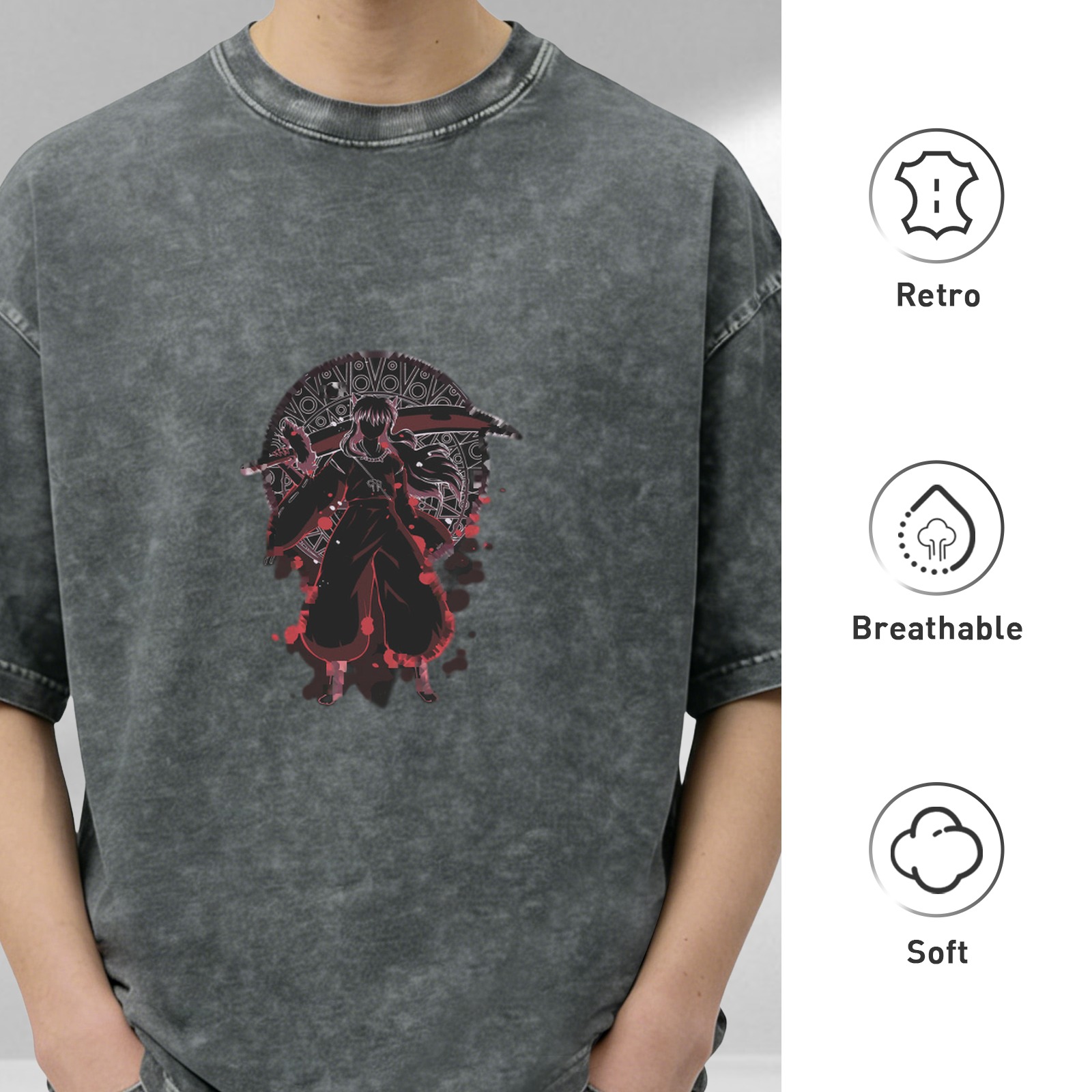 Distressed black loose-fitting anime swordsman print short-sleeved T-shirt