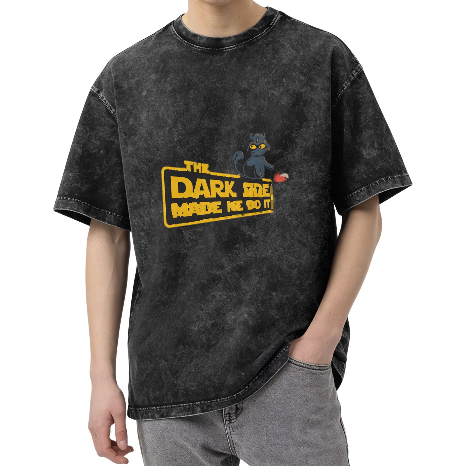 Oversized Acid-Wash T-Shirt with 'The Dark Side Made Me Do It' Cat Graphic Print