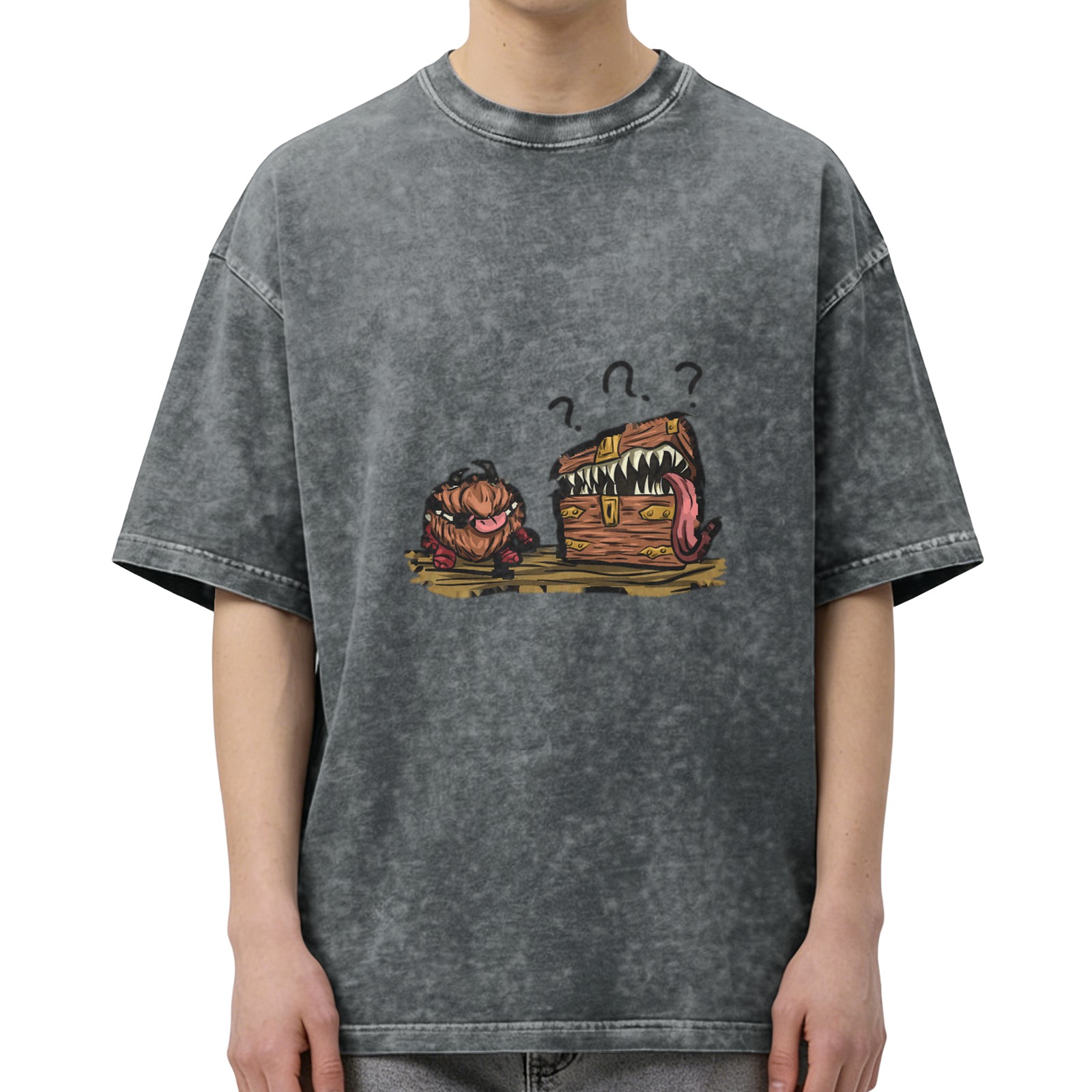 oversized acid wash t-shirt with mimic monster chest and creature graphic