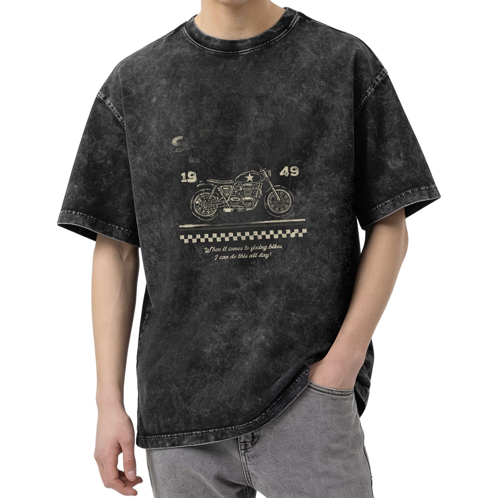 Vintage Stonewashed T-Shirt With Motorcycle Graphic And Racing Text