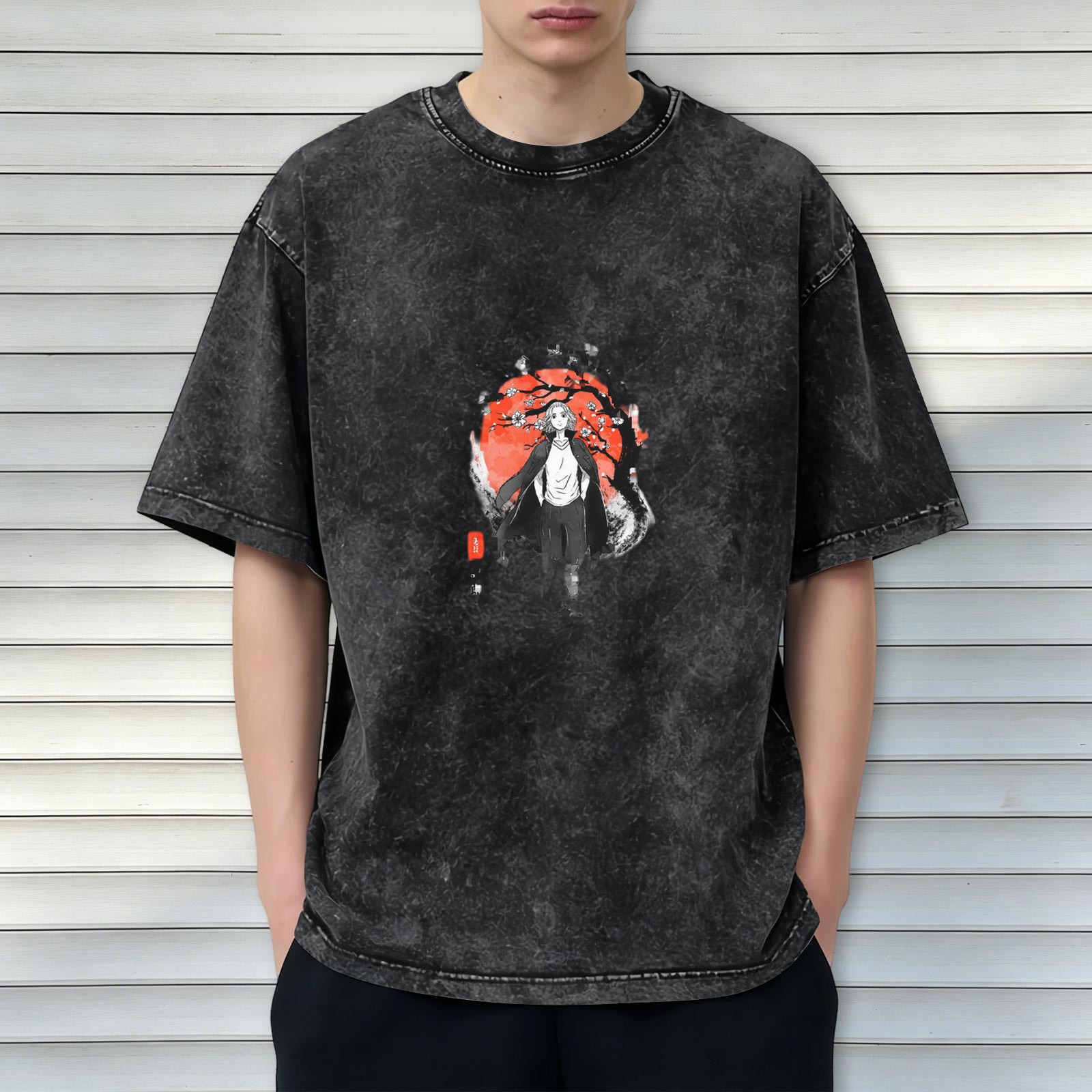 Distressed washed black round neck short-sleeved T-shirt Anime character cherry blossom and red moon printed loose top