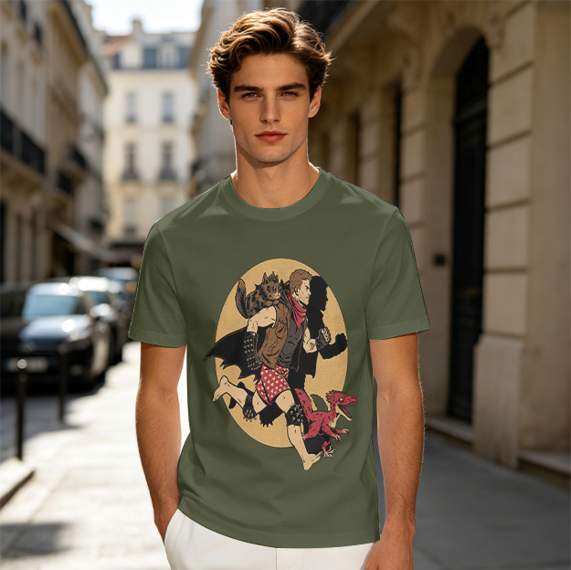 Olive T-Shirt With Fantasy Running Character And Creatures Print