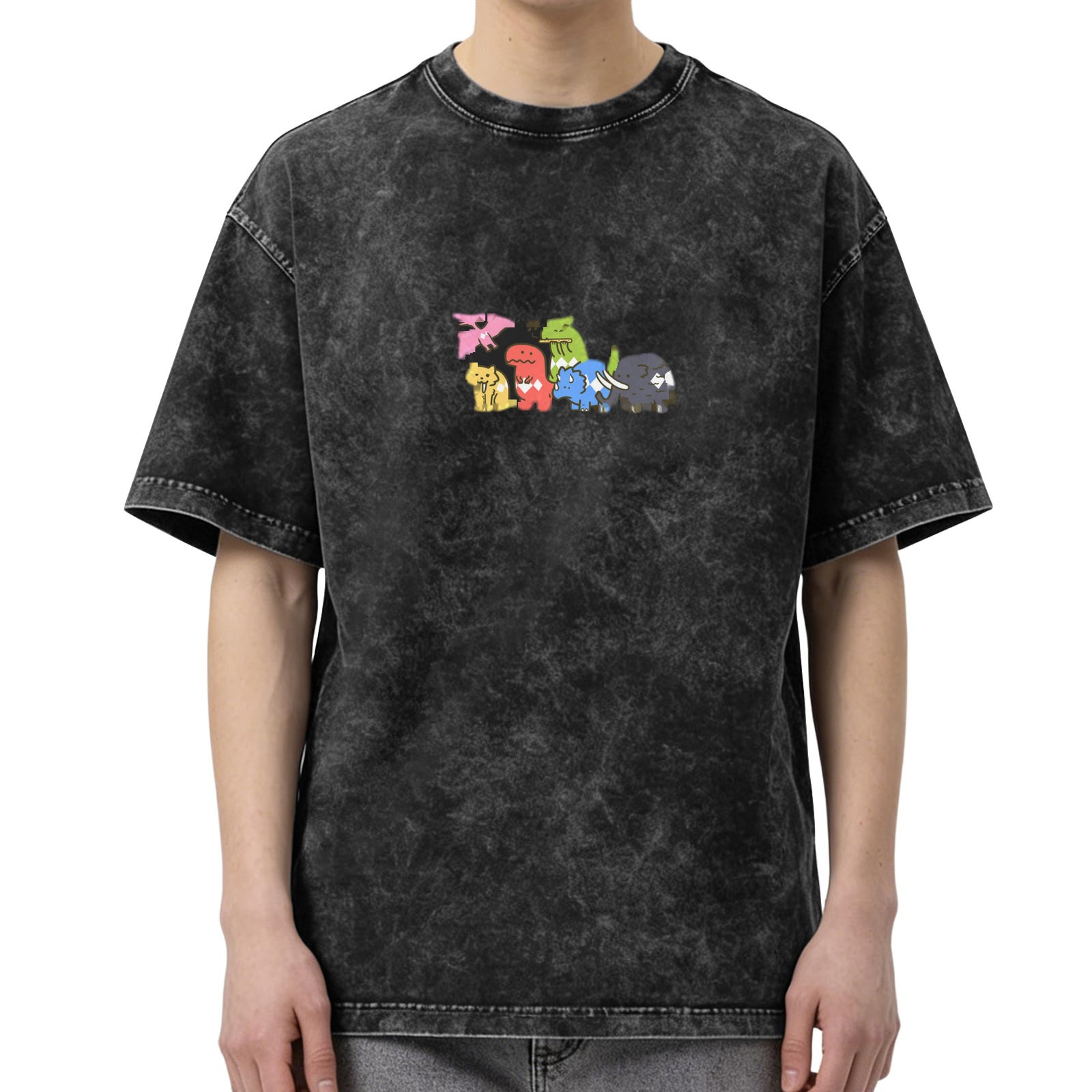 Distressed black cartoon dinosaur print loose short-sleeved T-shirt