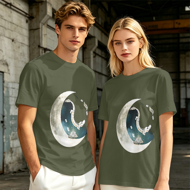 Olive T-shirt with Crescent Moon Galaxy Astronaut Graphic