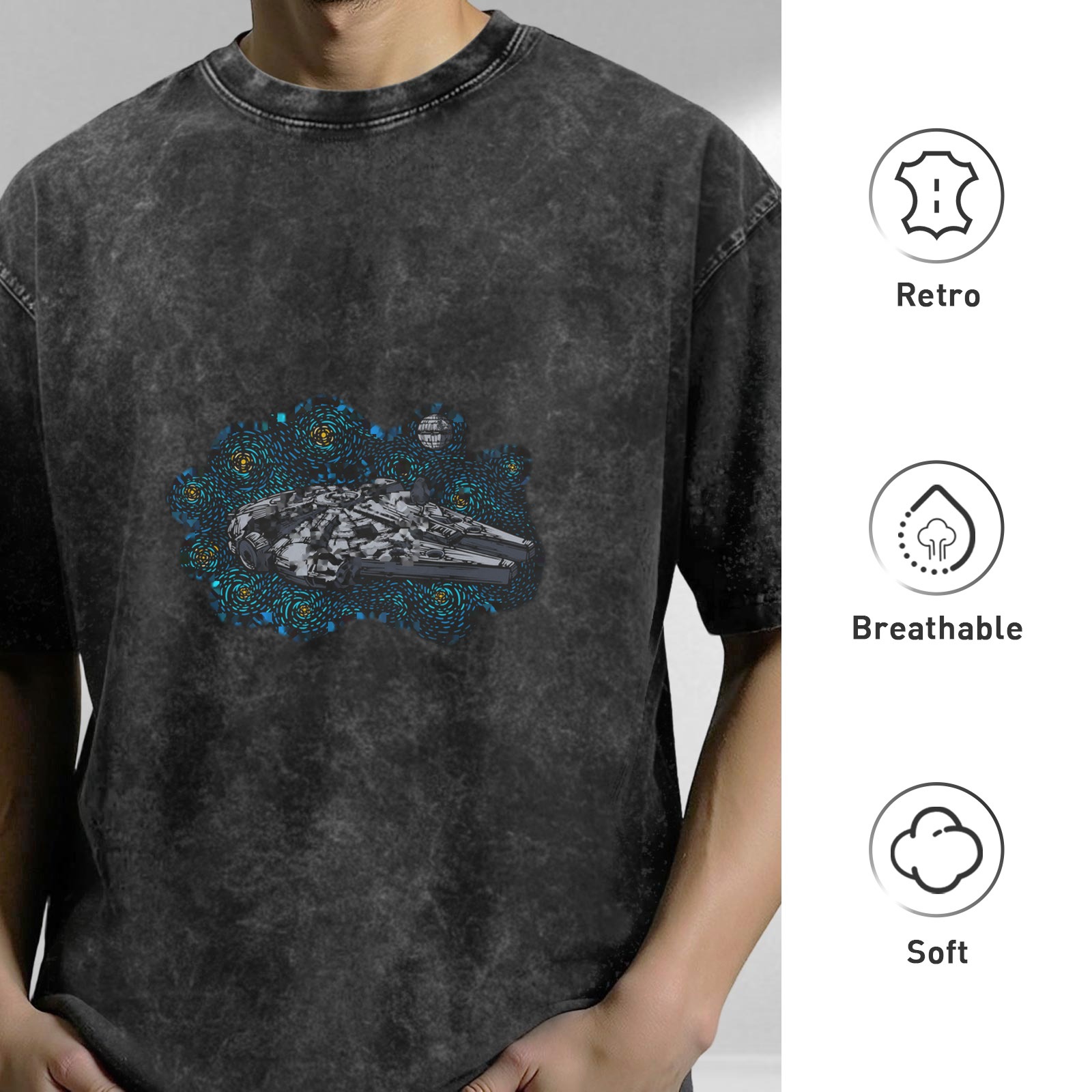 Distressed black Star Wars Millennium Falcon graphic short-sleeved T-shirt