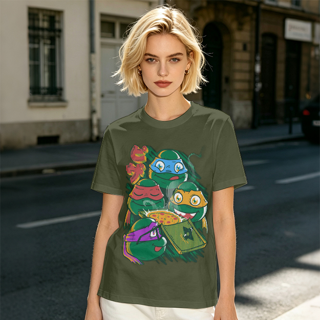 Olive T-Shirt Featuring Teenage Mutant Ninja Turtles With Pizza