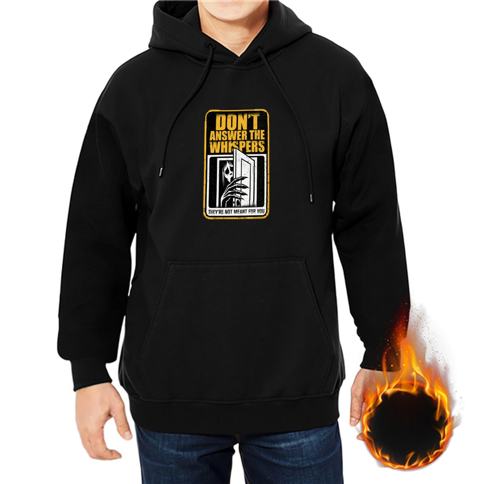 Black horror hoodie with 'Don't Answer The Whispers' graphic