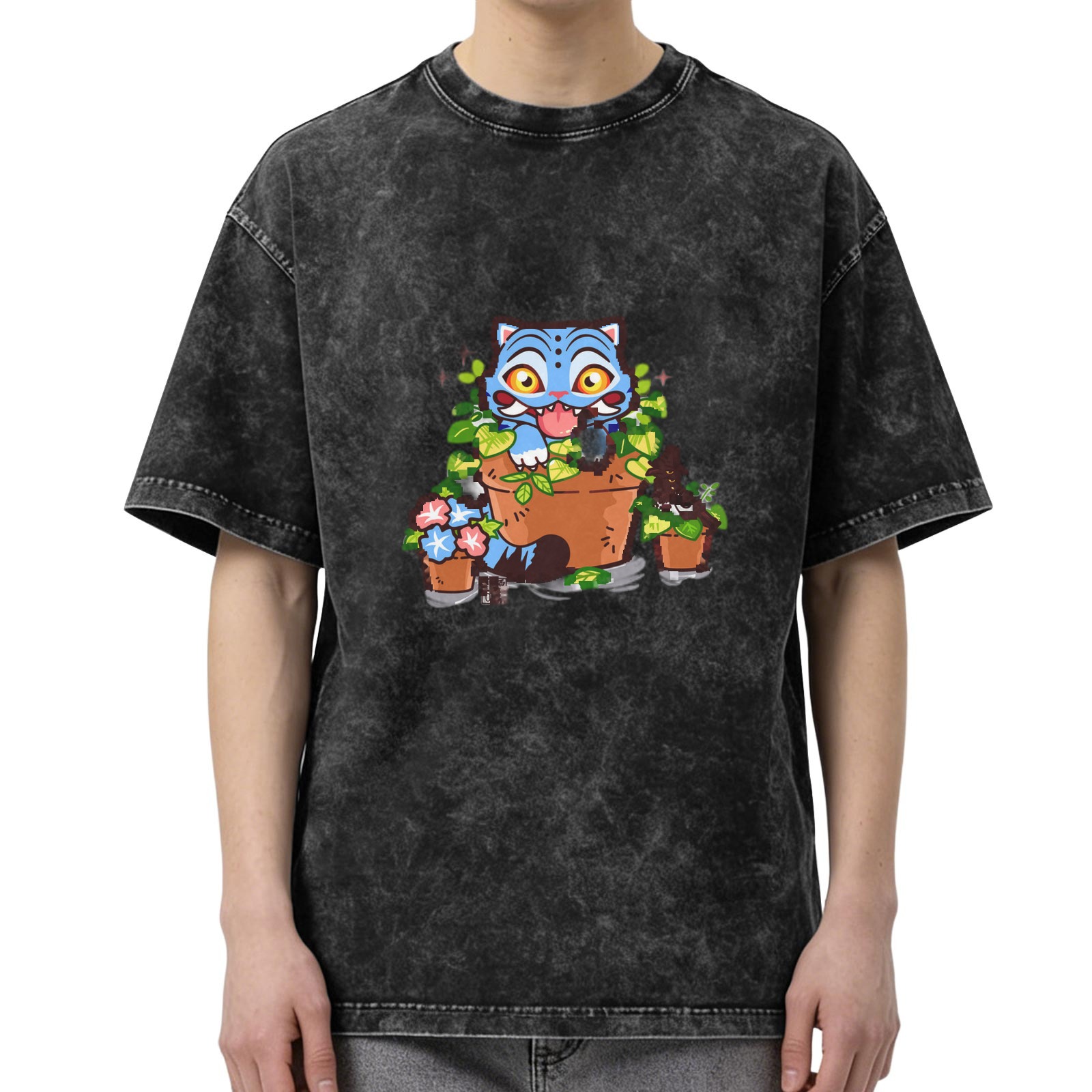 Washed black oversized t-shirt with playful blue cat in plant pots graphic