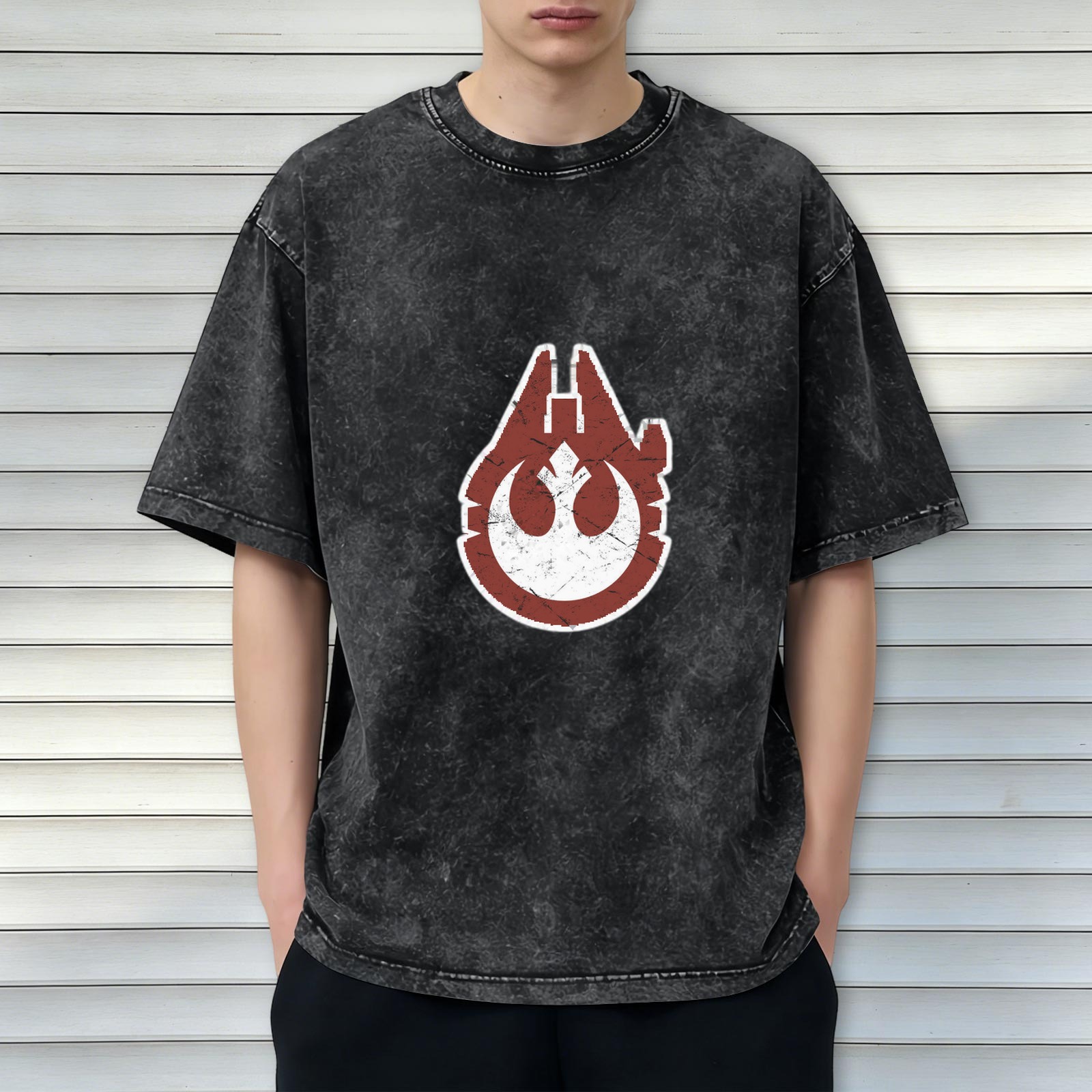 Star Wars Rebel Millennium Falcon Distressed Black Acid Wash T-Shirt