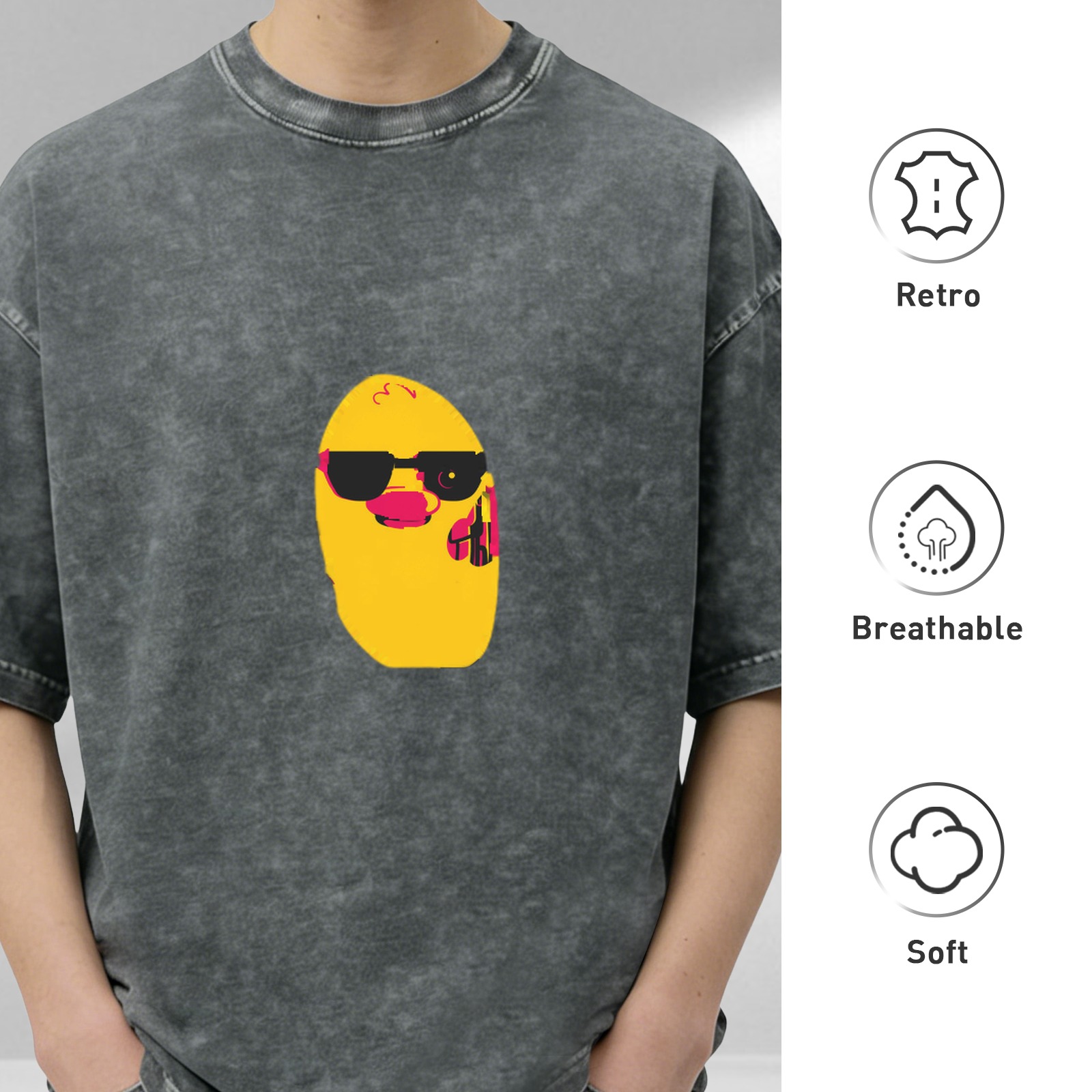 Washed Black T-Shirt With Cool Sunglass Duck Graphic