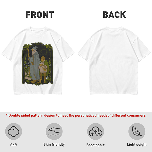 Olive T-Shirt with Wizard and Hobbit Fantasy Art Print
