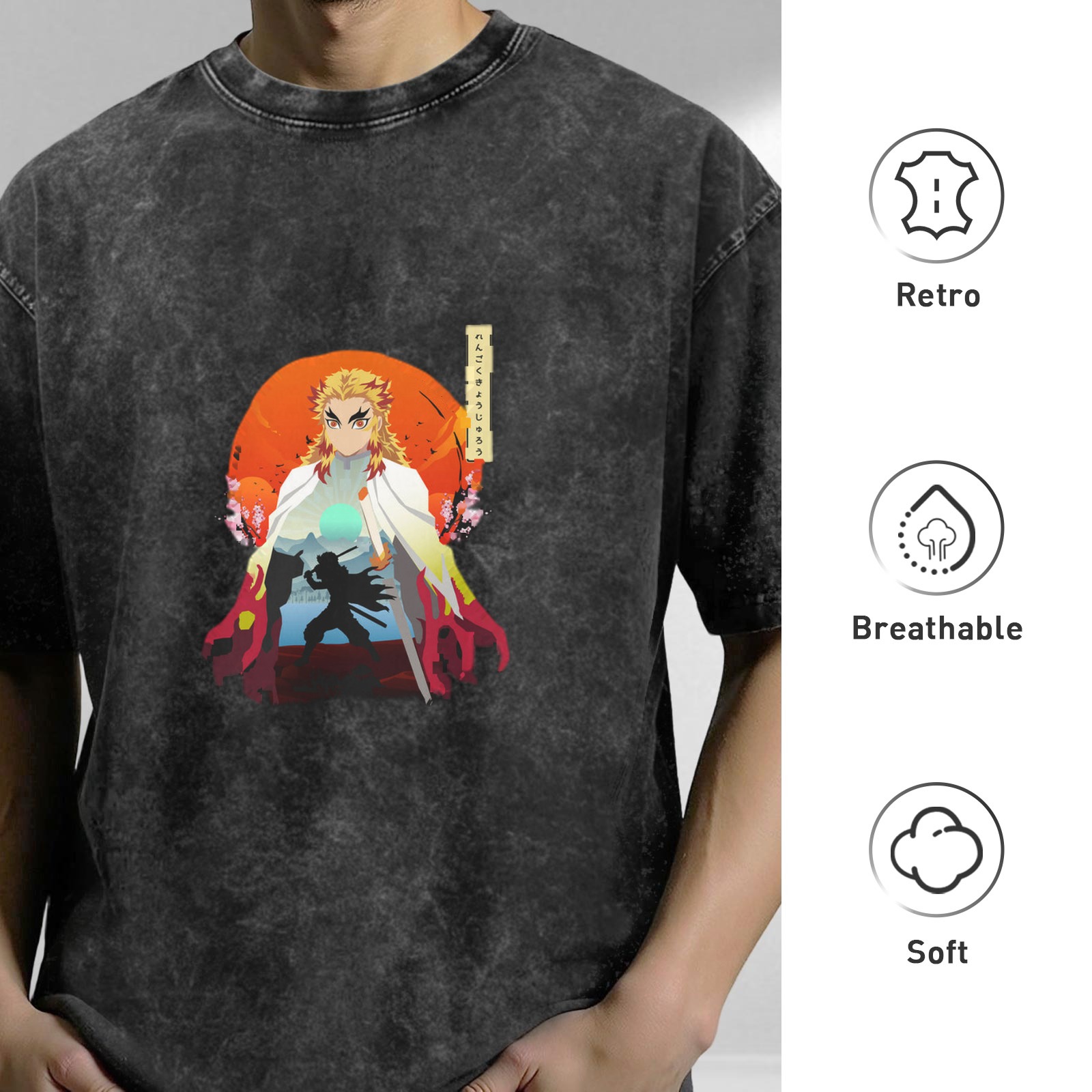 Demon Slayer Rengoku Anime Graphic Oversized Acid Wash T-Shirt