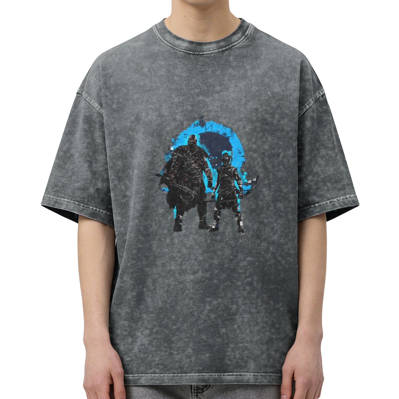 Washed Black Graphic T-Shirt with Fantasy Warrior Characters