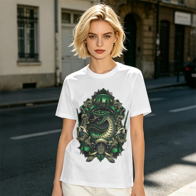 Olive Green T-Shirt With Serpent Crest Graphic Design