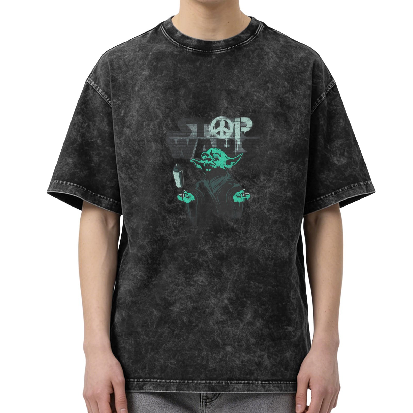 Distressed washed black loose short-sleeved T-shirt Star Wars themed Yoda peace anti-war printed top