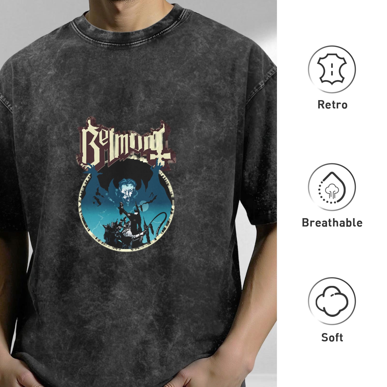 Oversized Dark Wash Graphic T-Shirt with Belmont Vampire Art