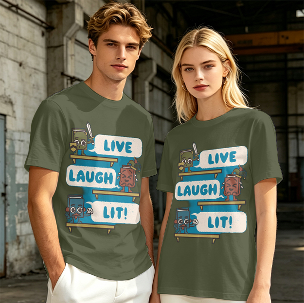 Olive T-Shirt With Cartoon Books 'Live Laugh Lit' Graphic