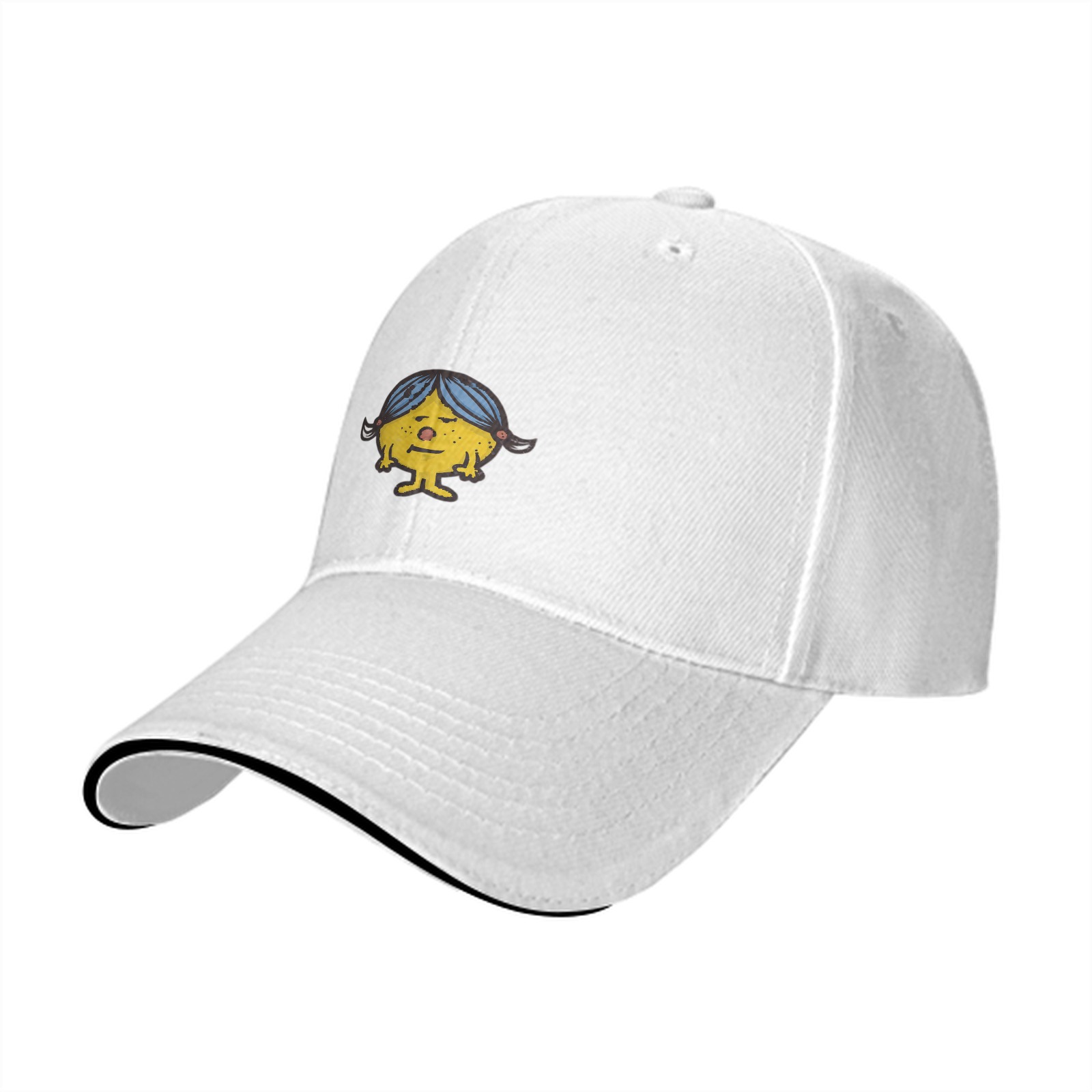 Black baseball cap with yellow cartoon girl character print