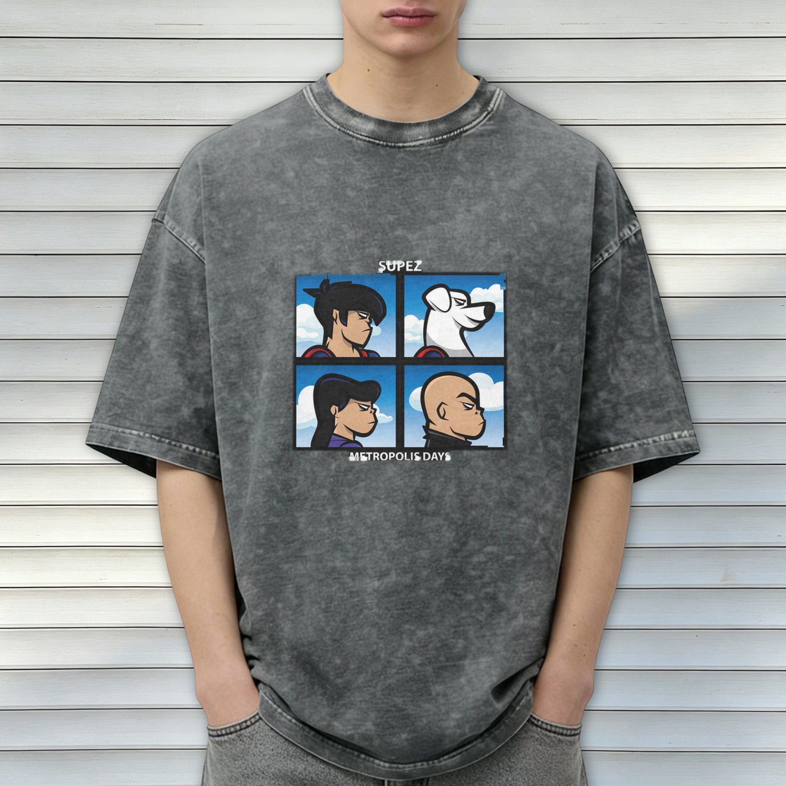 Washed Black T-Shirt With Four Panel Superhero Character Artwork