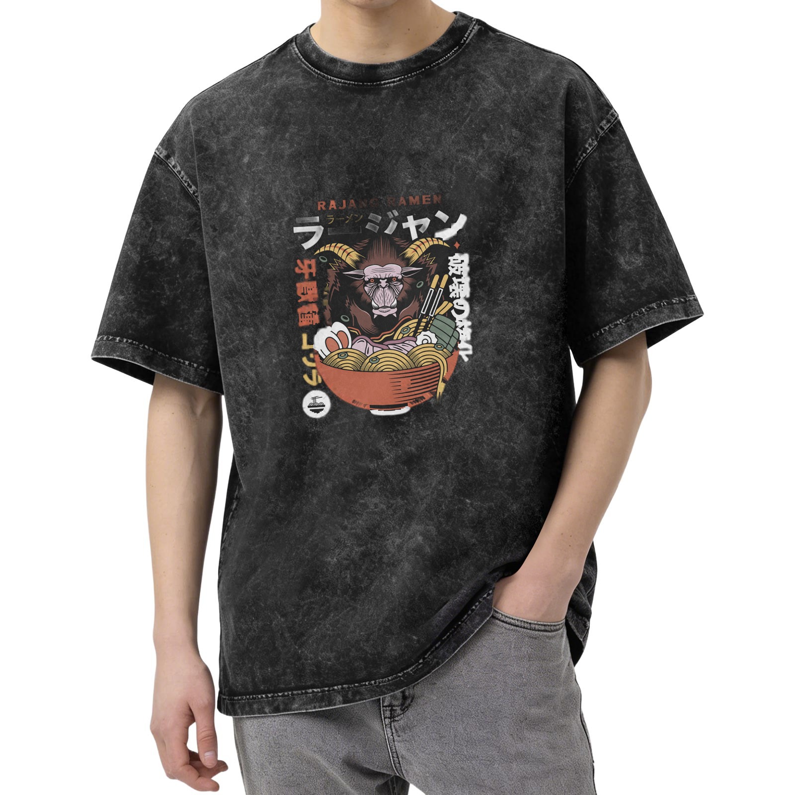 Oversized Acid Wash T-Shirt With Monster Ramen Graphic Print